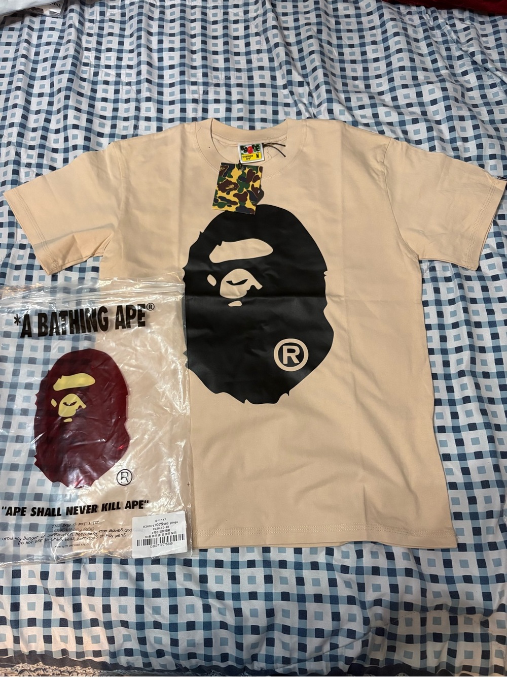 A Bathing Ape Men’s Tan Short-Sleeve Tee with Large Ape Head Logo